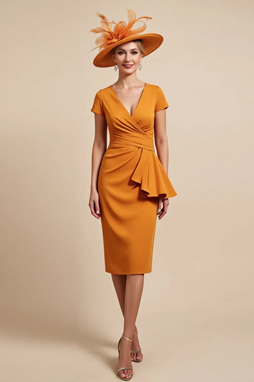 Orange Sheath Cap Sleeve Midi Mother Of The Bride Dress sold by Zapaka