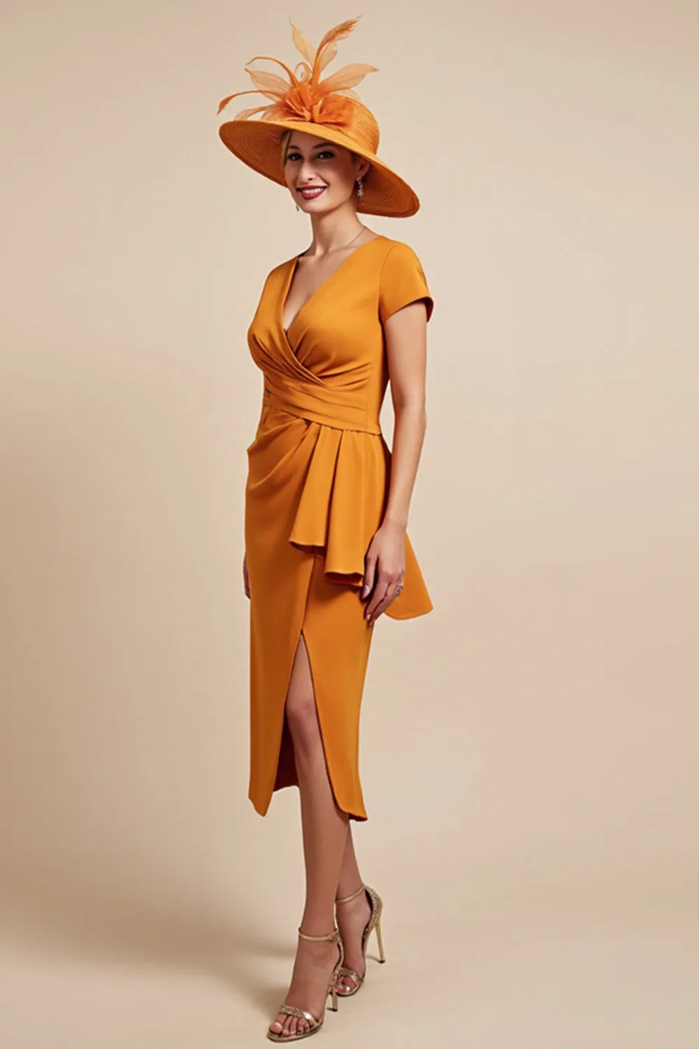 Orange Sheath Cap Sleeve Midi Mother Of The Bride Dress sold by Zapaka product image thumbnail 3