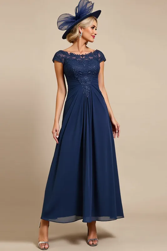 Navy Cap Sleeve A Line Mother Of The Bride Dress With Appliques sold by Zapaka