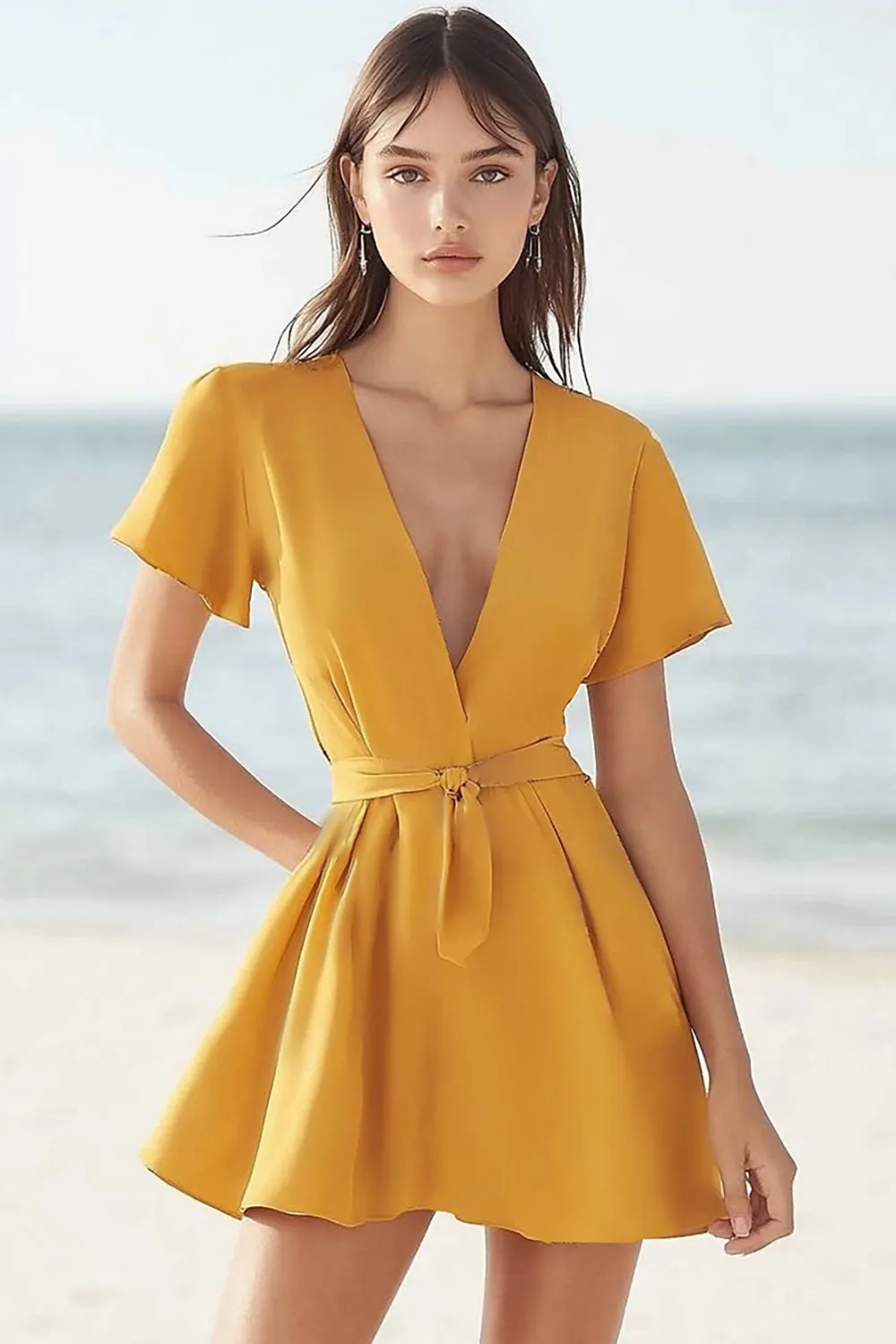 Matte Satin Yellow V Neck A Line Summer Dress sold by Zapaka