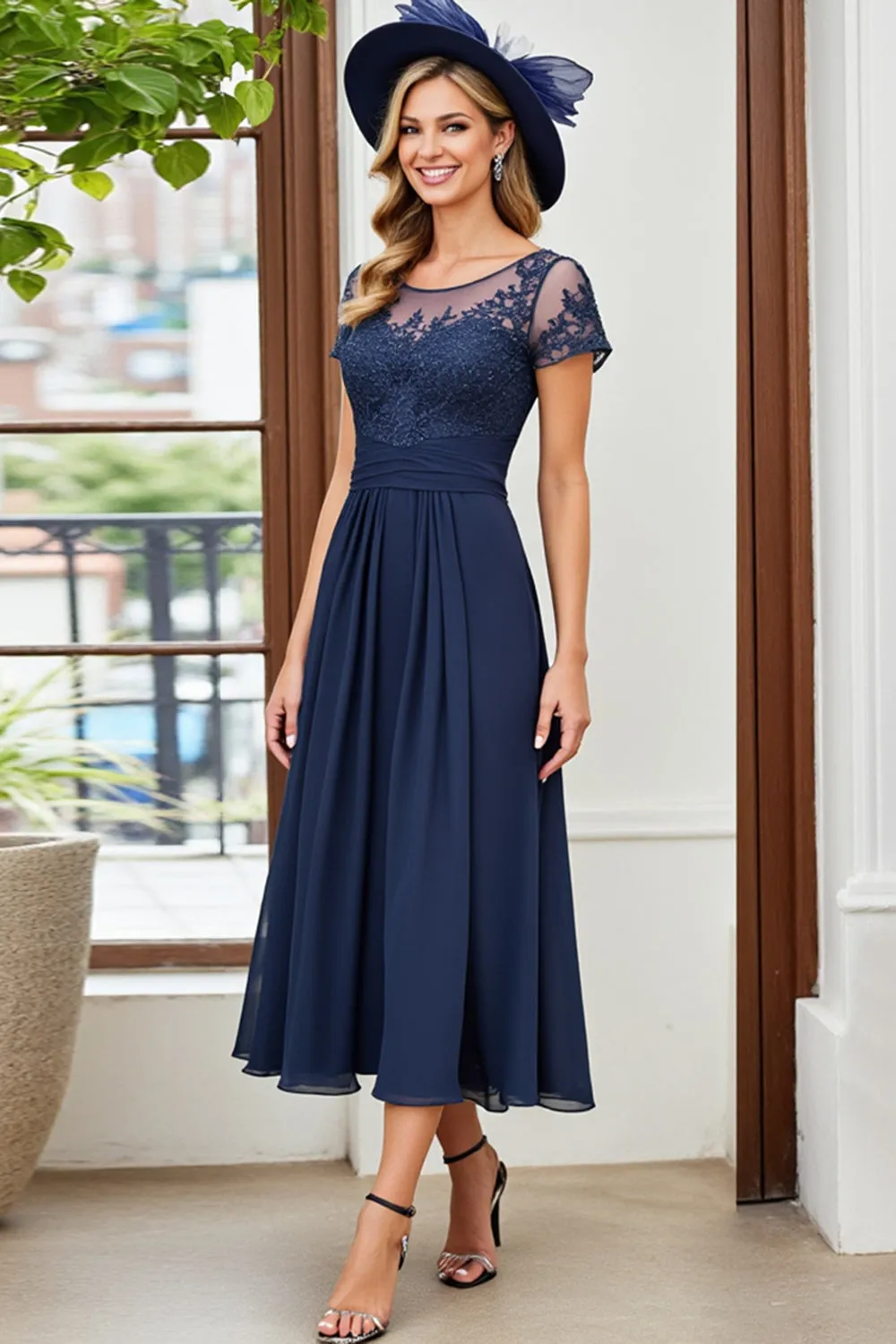 A Line Ruched Long Navy Mother Of The Bride Dress sold by Zapaka