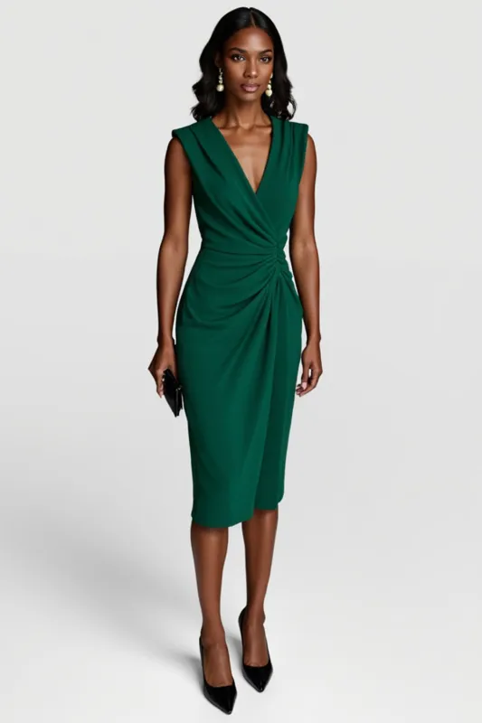 Dark Green Ruched V Neck Bodycon Knee Length Work Dress sold by Zapaka