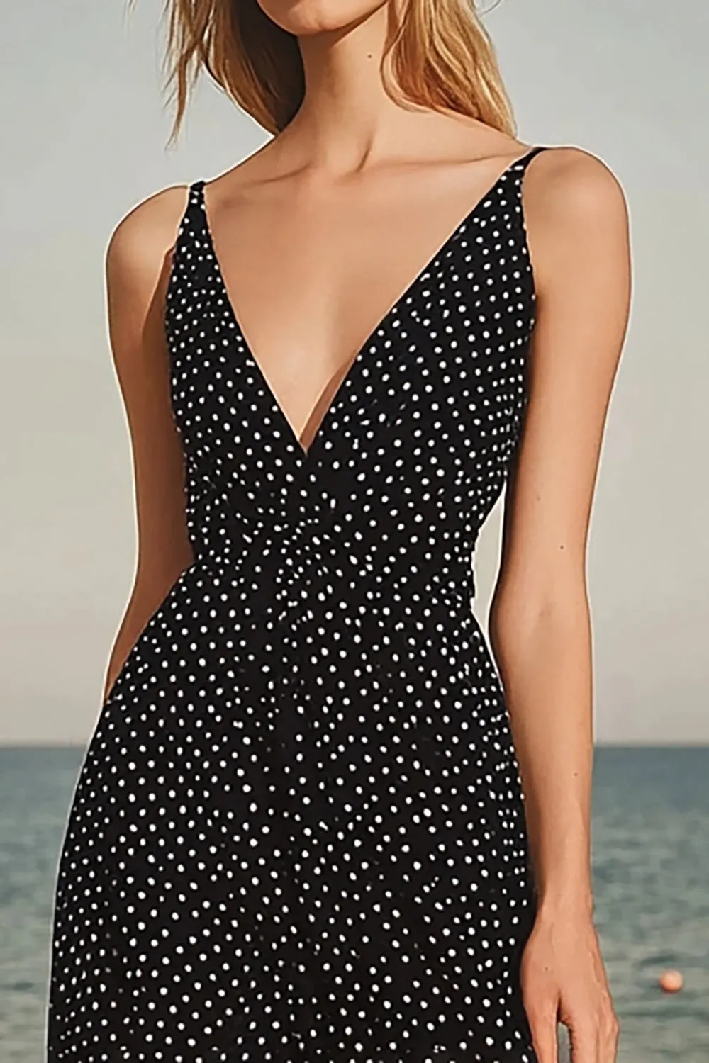 Black White Dots A Line V Neck Chiffon Summer Dress sold by Zapaka product image thumbnail 2