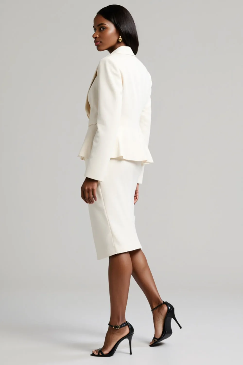 White Peak Lapel Long Sleeve Bodycon 2 Piece Midi Work Dress With Slit sold by Zapaka product image thumbnail 2