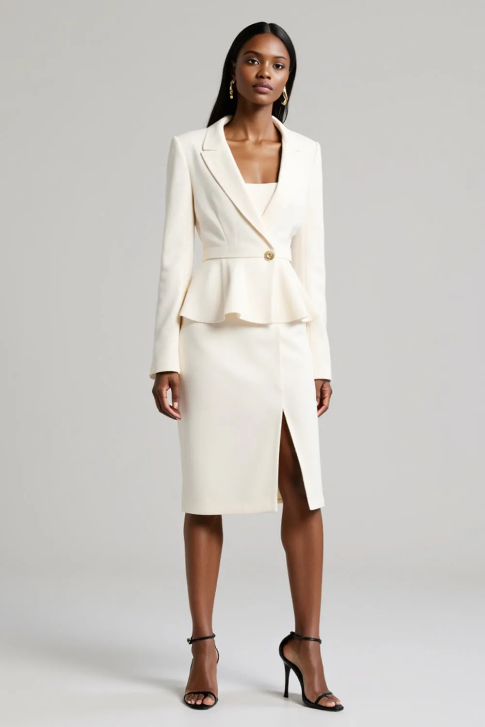 White Peak Lapel Long Sleeve Bodycon 2 Piece Midi Work Dress With Slit sold by Zapaka