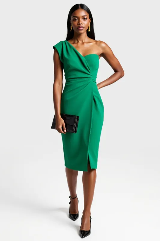 One Shoulder Dark Green Ruched Bodycon Knee Length Work Dress sold by Zapaka