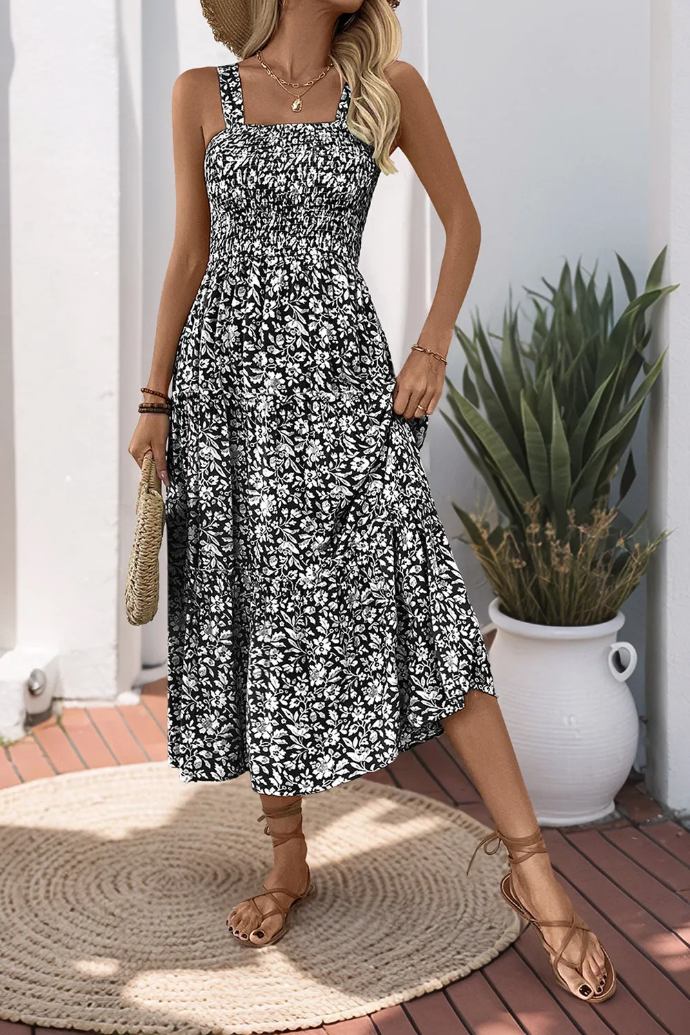 Black Floral A Line Tea Length Summer Dress sold by Zapaka