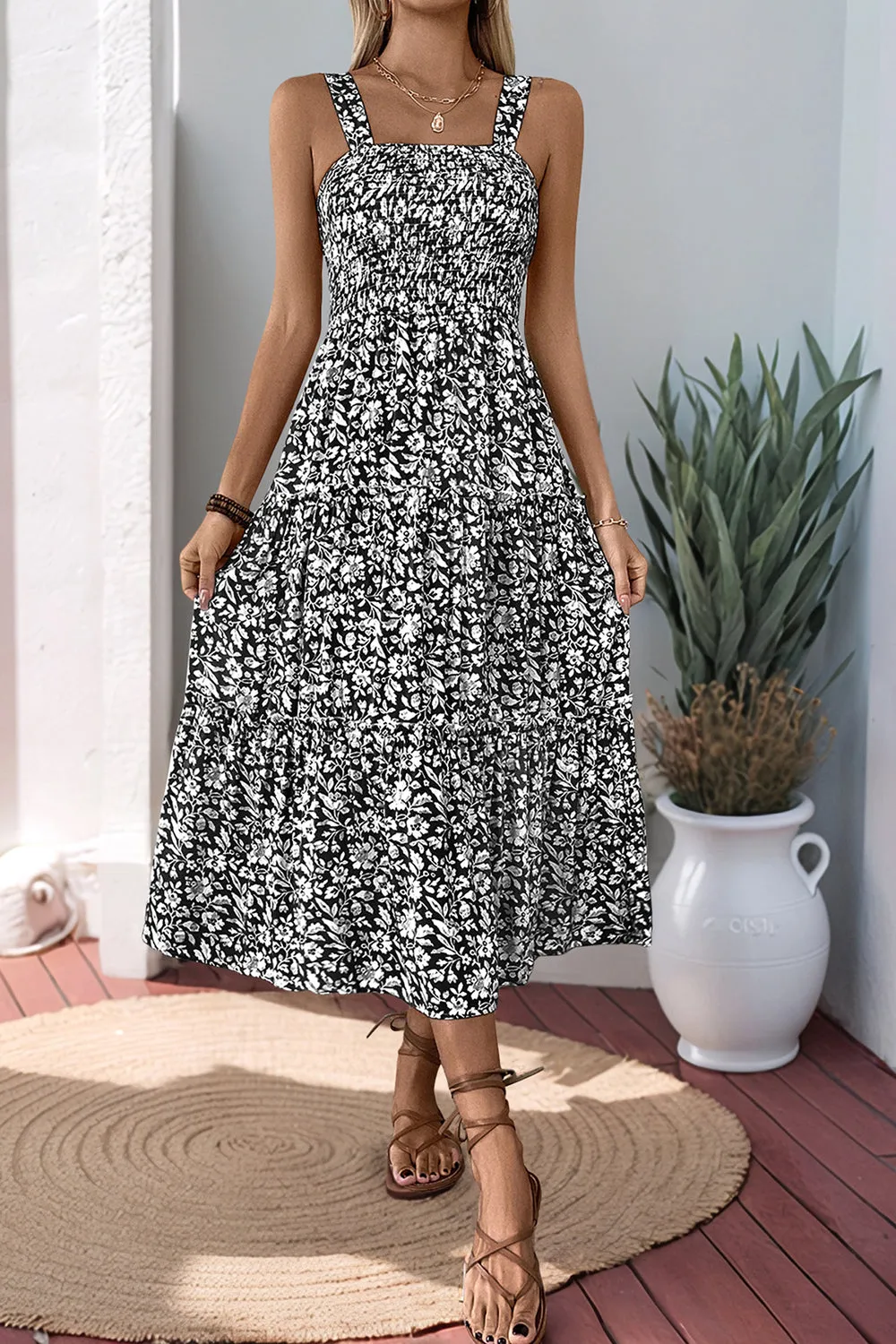 Black Floral A Line Tea Length Summer Dress sold by Zapaka product image thumbnail 3