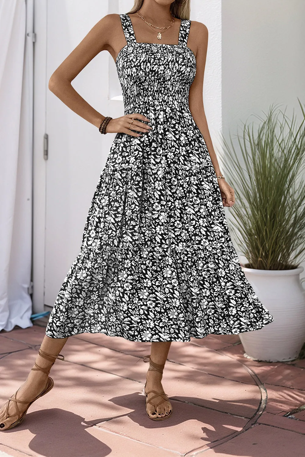 Black Floral A Line Tea Length Summer Dress sold by Zapaka product image thumbnail 4