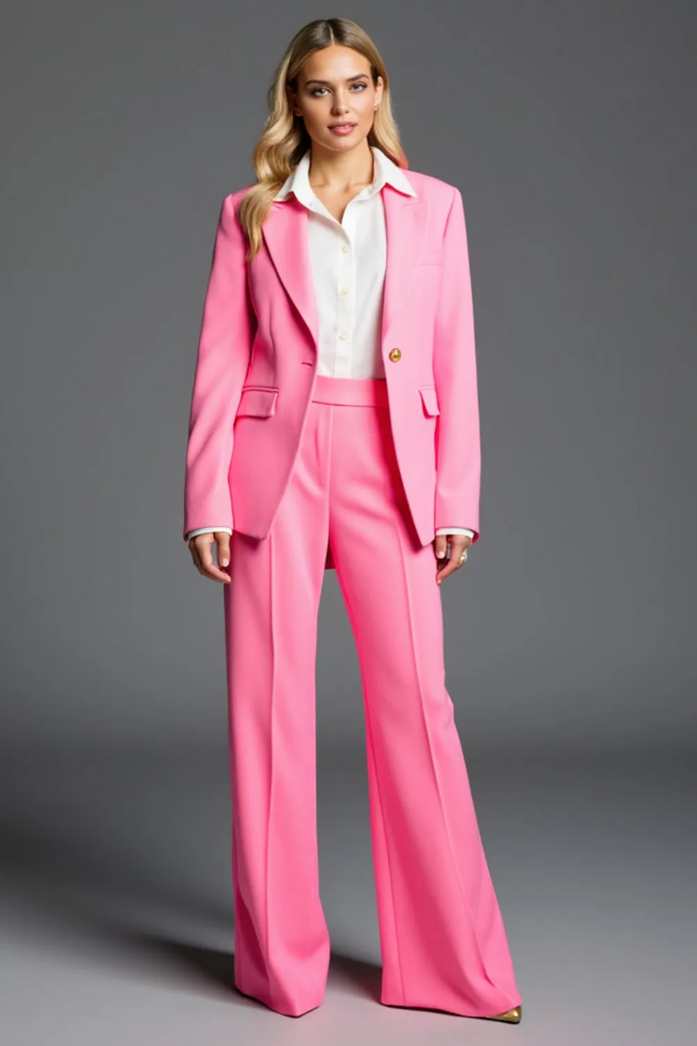 Hot Pink 2 Piece Peak Lapel Single Button Work Suit sold by Zapaka