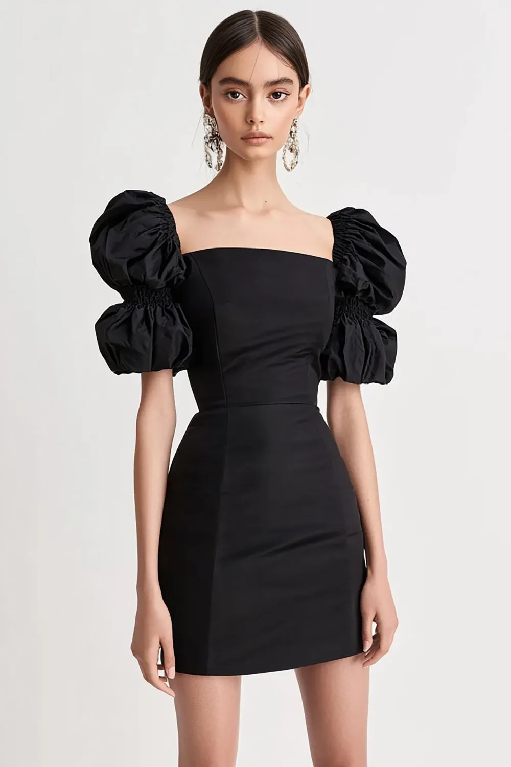 Sheath Square Neck Little Black Dress with Puff Sleeves sold by Zapaka