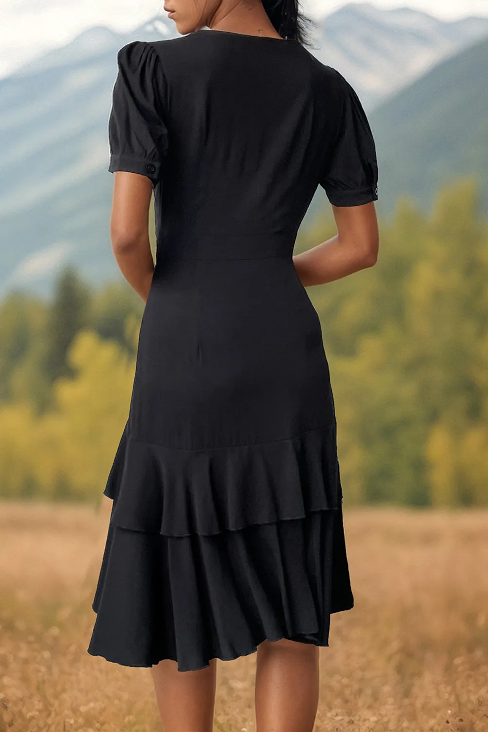 Black V-Neck A Line Ruffled Midi Summer Dress sold by Zapaka product image thumbnail 2