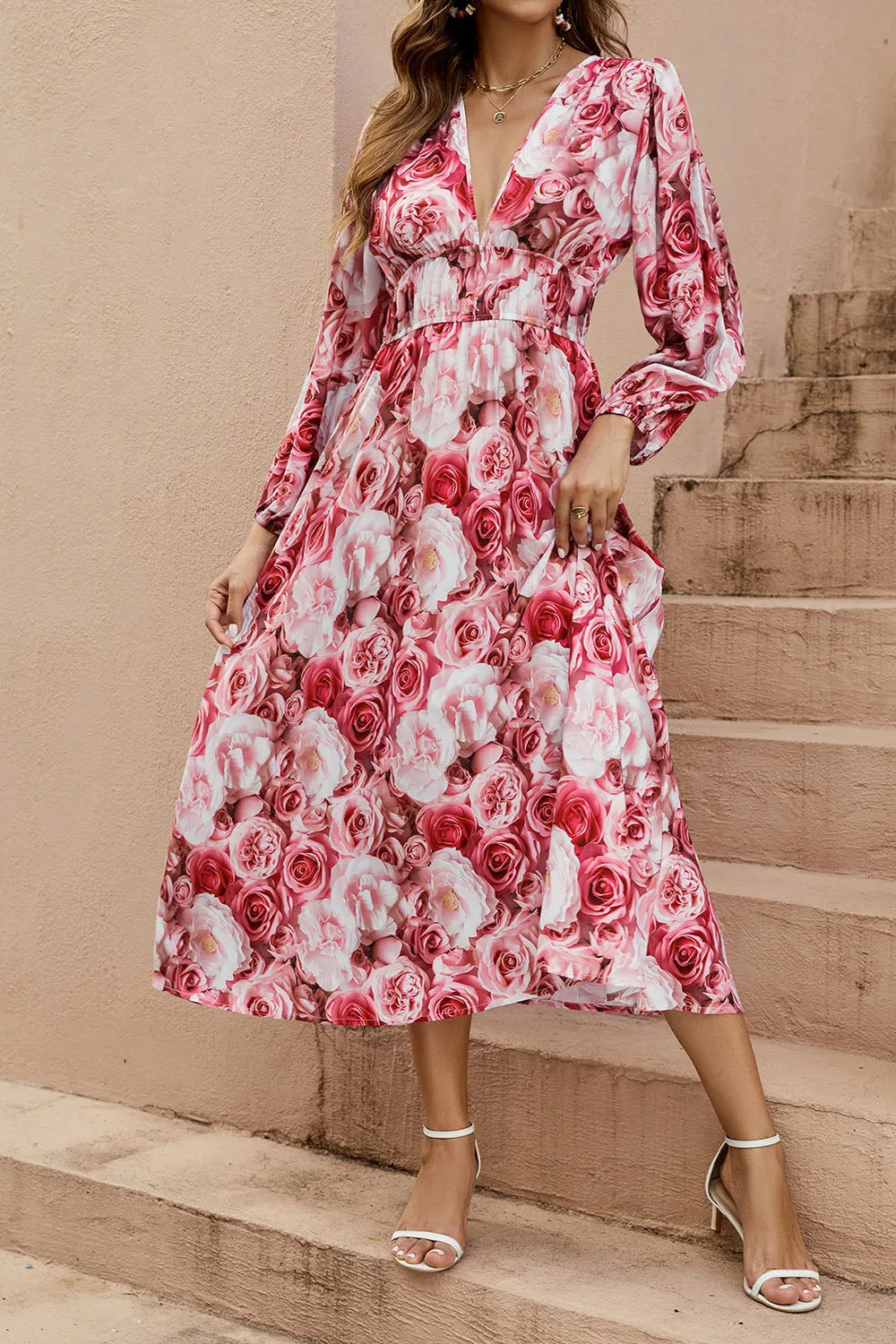 Red Floral V-Neck A Line Summer Dress with Long Sleeves sold by Zapaka product image thumbnail 3