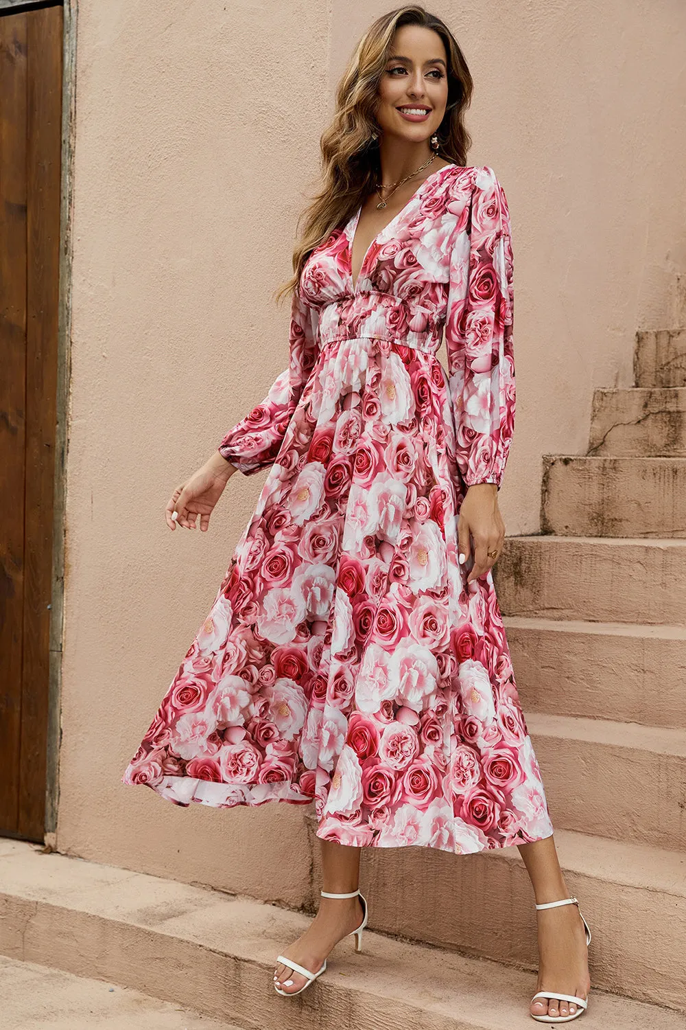 Red Floral V-Neck A Line Summer Dress with Long Sleeves sold by Zapaka product image thumbnail 4