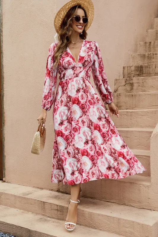 Red Floral V-Neck A Line Summer Dress with Long Sleeves sold by Zapaka