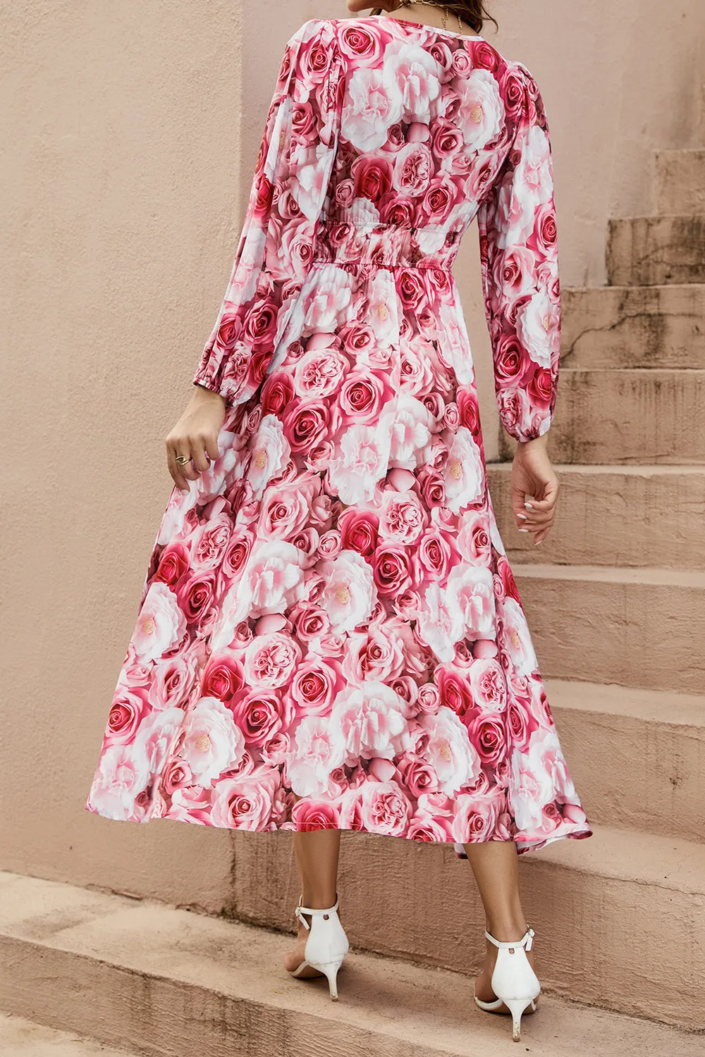 Red Floral V-Neck A Line Summer Dress with Long Sleeves sold by Zapaka product image thumbnail 2