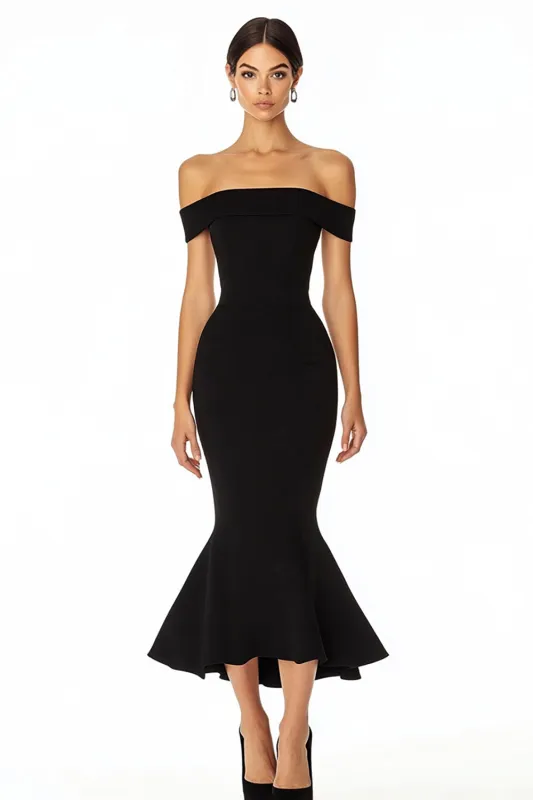 Off the Shoulder Mermaid Midi Black Tie Dress sold by Zapaka