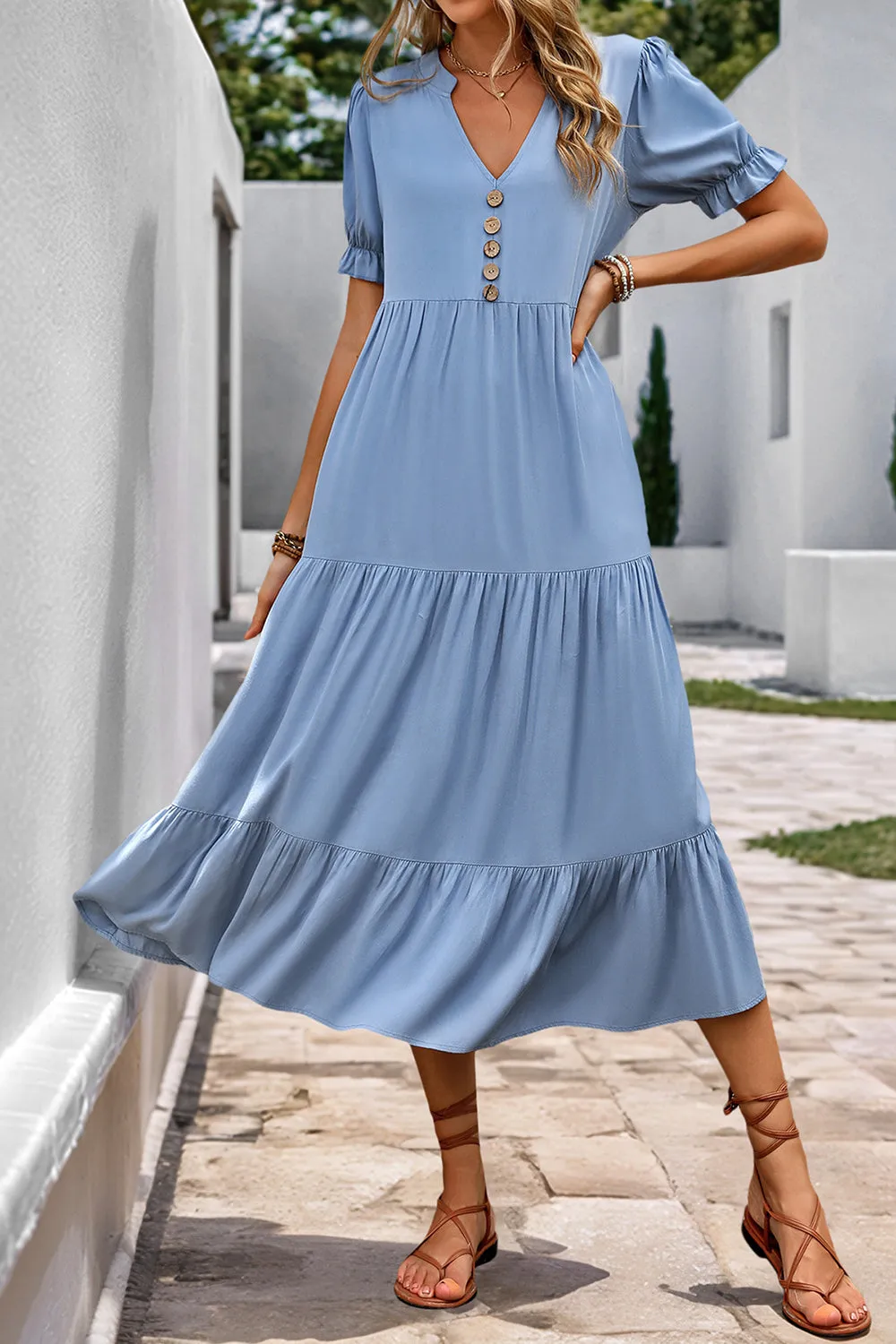 Grey Blue A Line V-Neck Summer Dress sold by Zapaka product image thumbnail 5