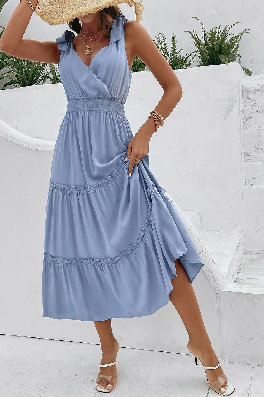 Grey Blue V-Neck A Line Summer Dress with Belt sold by Zapaka product image thumbnail 3