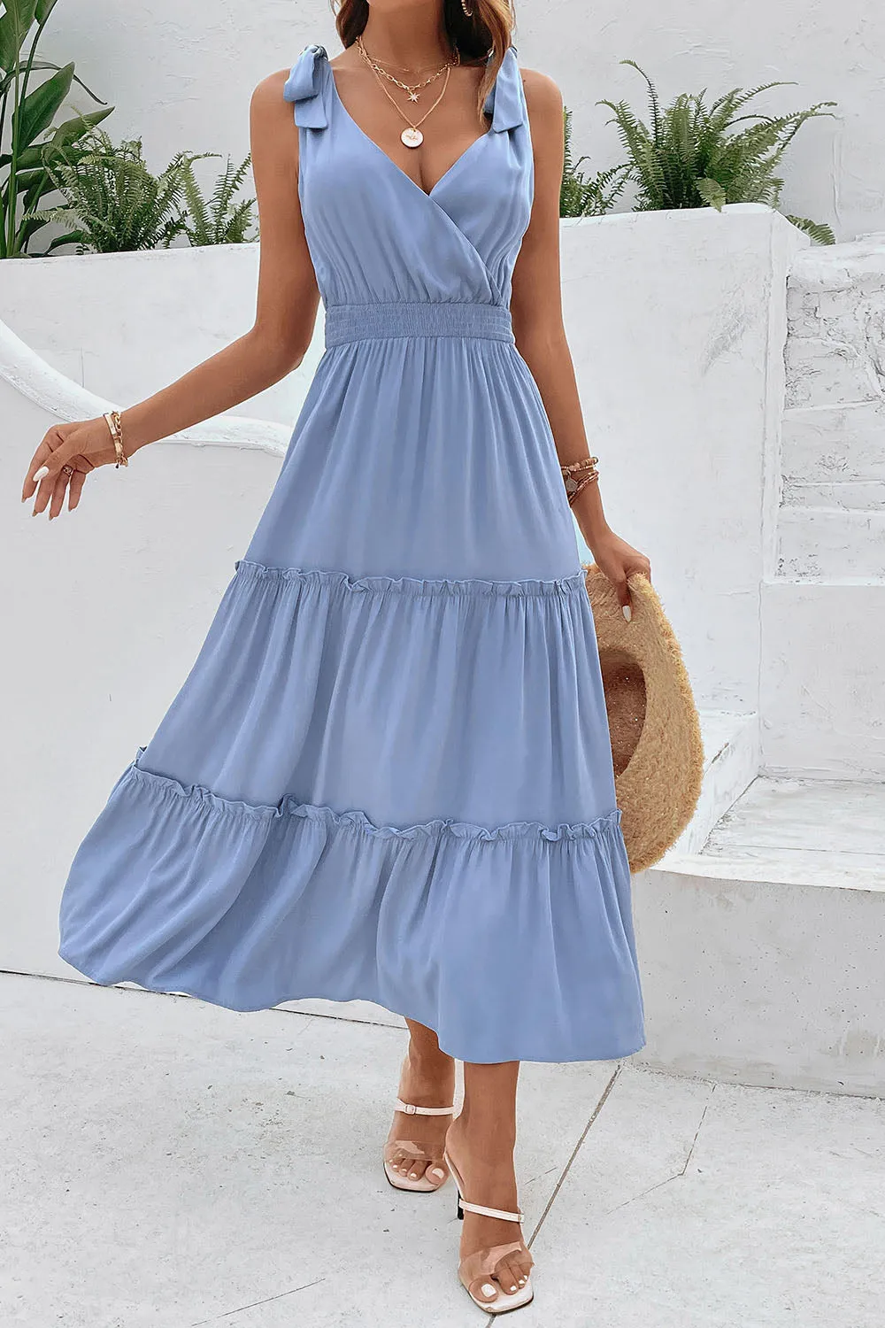 Grey Blue V-Neck A Line Summer Dress with Belt sold by Zapaka product image thumbnail 4