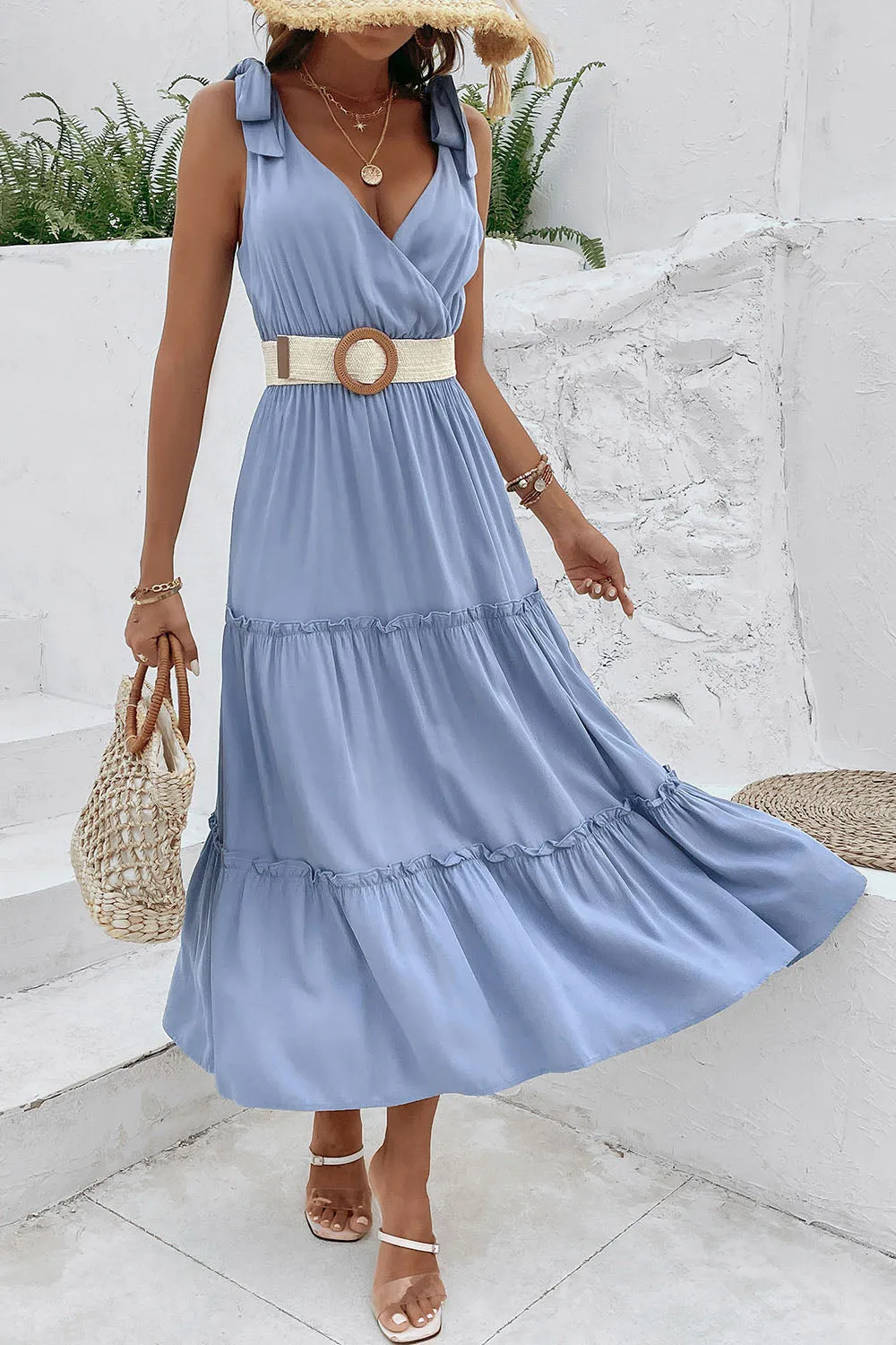 Grey Blue V-Neck A Line Summer Dress with Belt sold by Zapaka