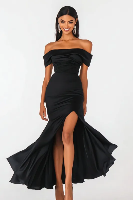 Off the Shoulder Mermaid Black Tie Dress with Slit sold by Zapaka