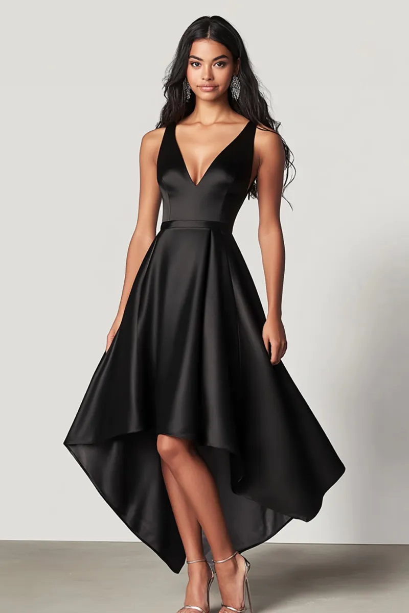 Satin A Line V-Neck High-Low Black Tie Dress sold by Zapaka