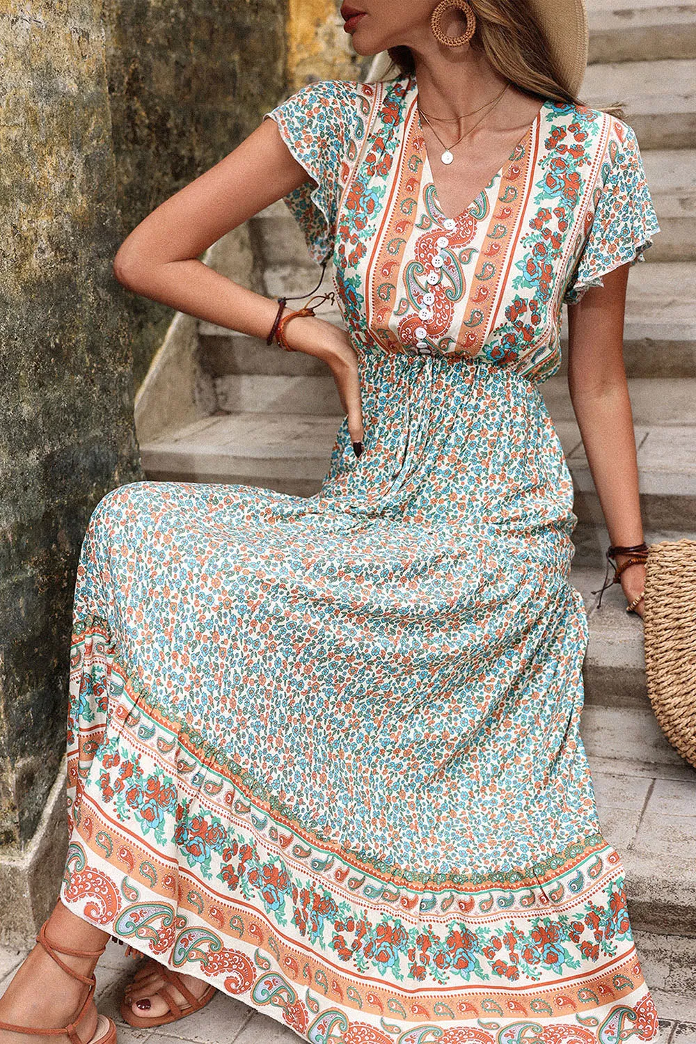 Light Green Printed V Neck A Line Summer Dress sold by Zapaka product image thumbnail 5