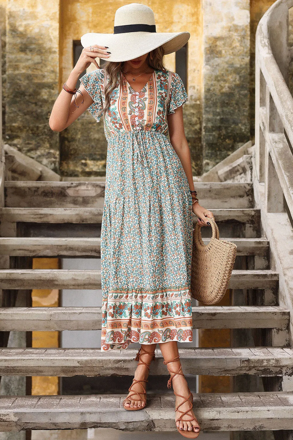Light Green Printed V Neck A Line Summer Dress sold by Zapaka product image thumbnail 4