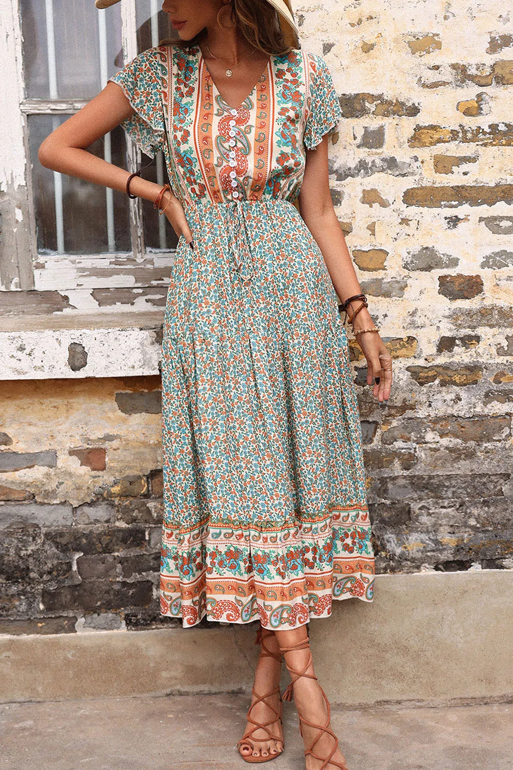 Light Green Printed V Neck A Line Summer Dress sold by Zapaka