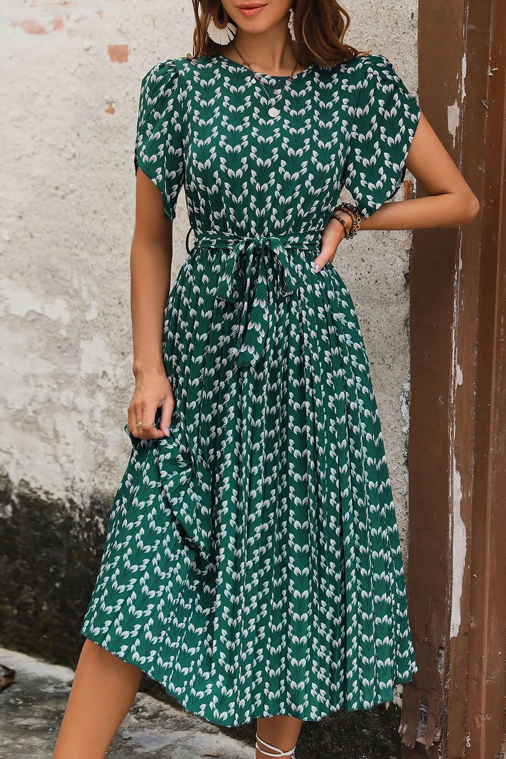 Printed Dark Green A Line Summer Dress with Belt sold by Zapaka product image thumbnail 3
