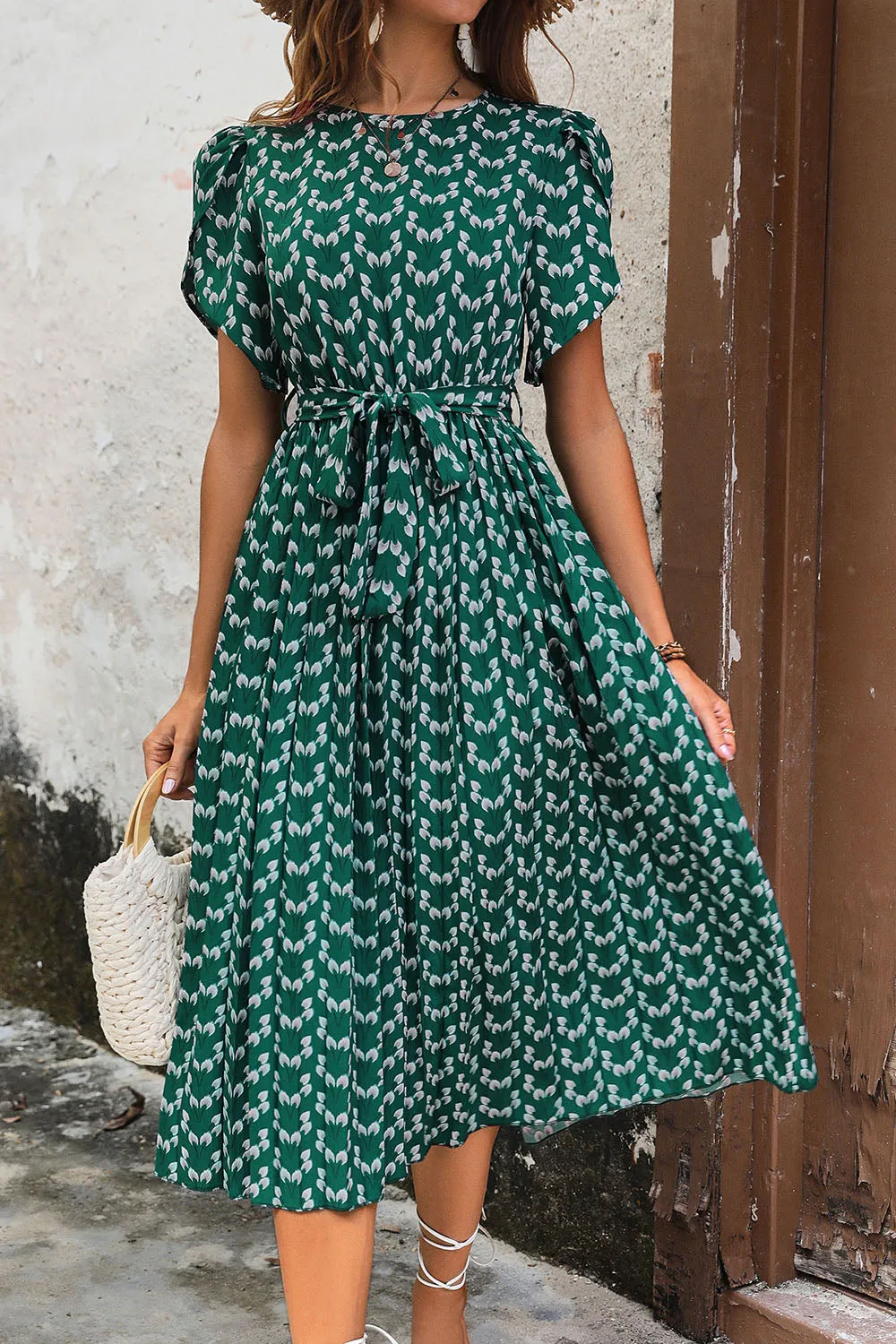 Printed Dark Green A Line Summer Dress with Belt sold by Zapaka