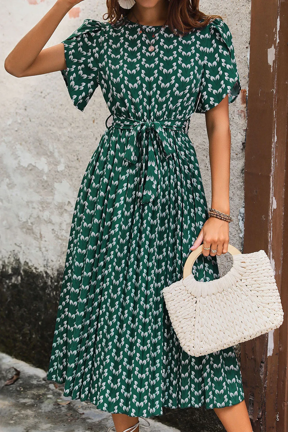 Printed Dark Green A Line Summer Dress with Belt sold by Zapaka product image thumbnail 5
