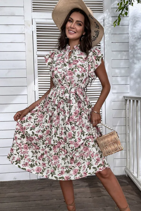 White Pink Floral A Line Pleated Summer Dress sold by Zapaka