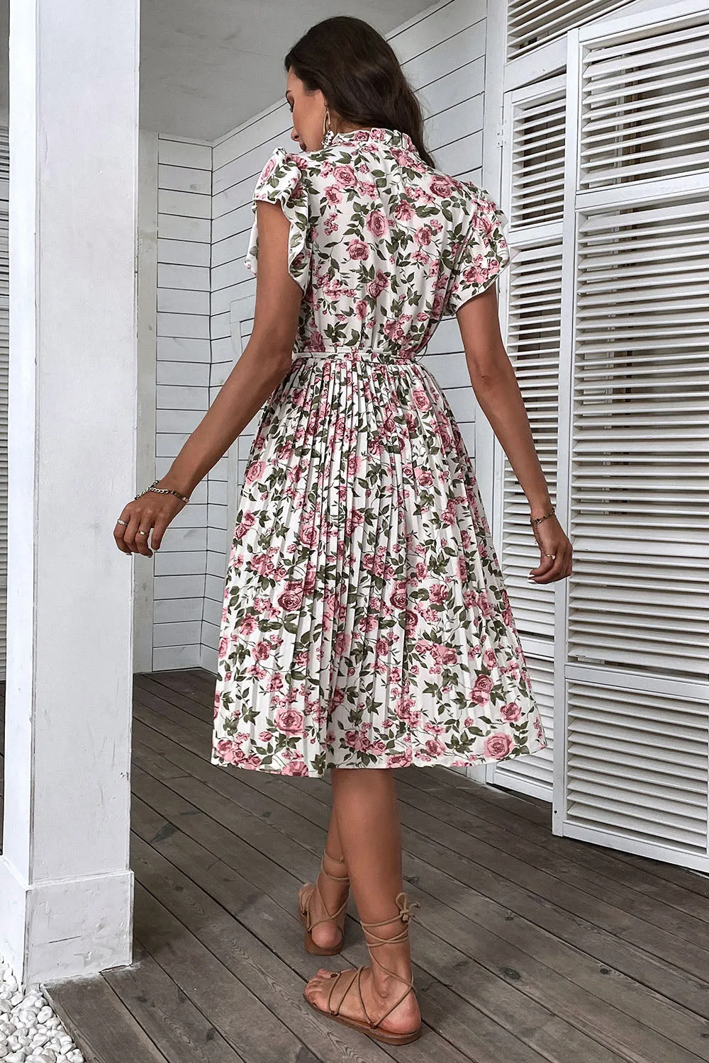 White Pink Floral A Line Pleated Summer Dress sold by Zapaka product image thumbnail 2