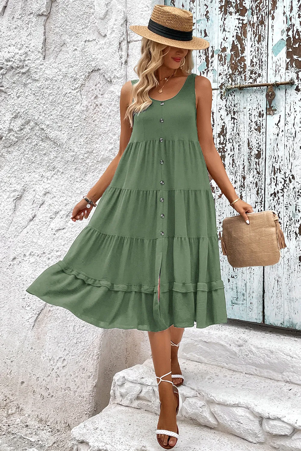 Green A Line Simple Midi Summer Dress sold by Zapaka product image thumbnail 4