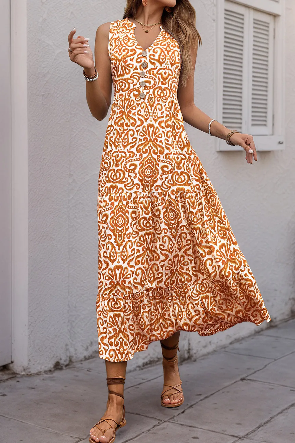 Printed Orange V Neck A Line Summer Dress sold by Zapaka product image thumbnail 4