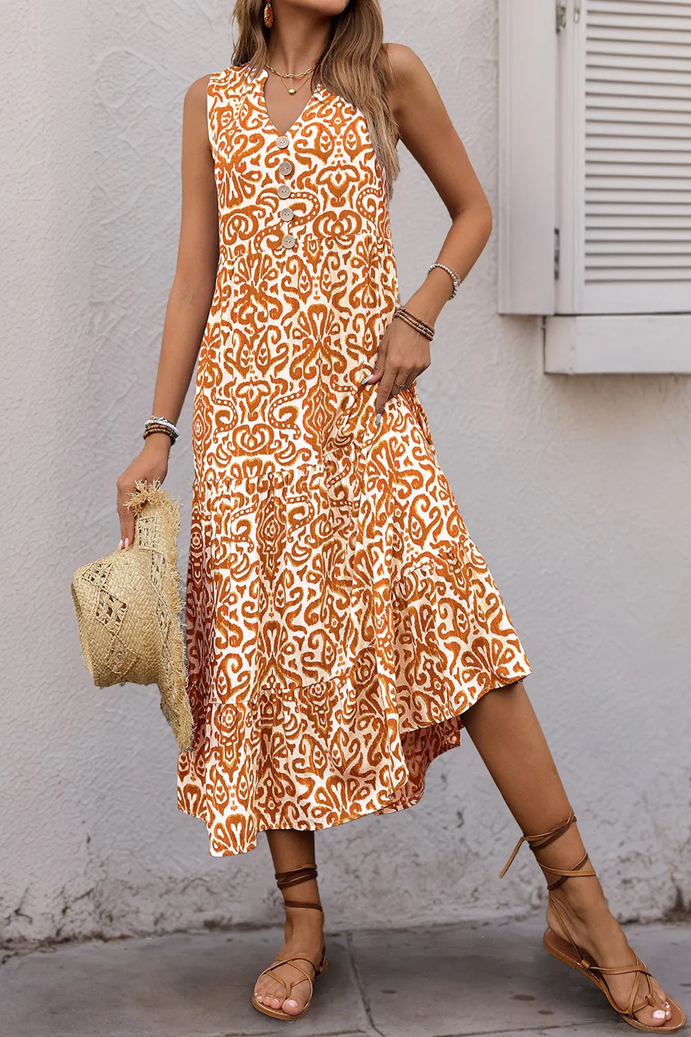 Printed Orange V Neck A Line Summer Dress sold by Zapaka