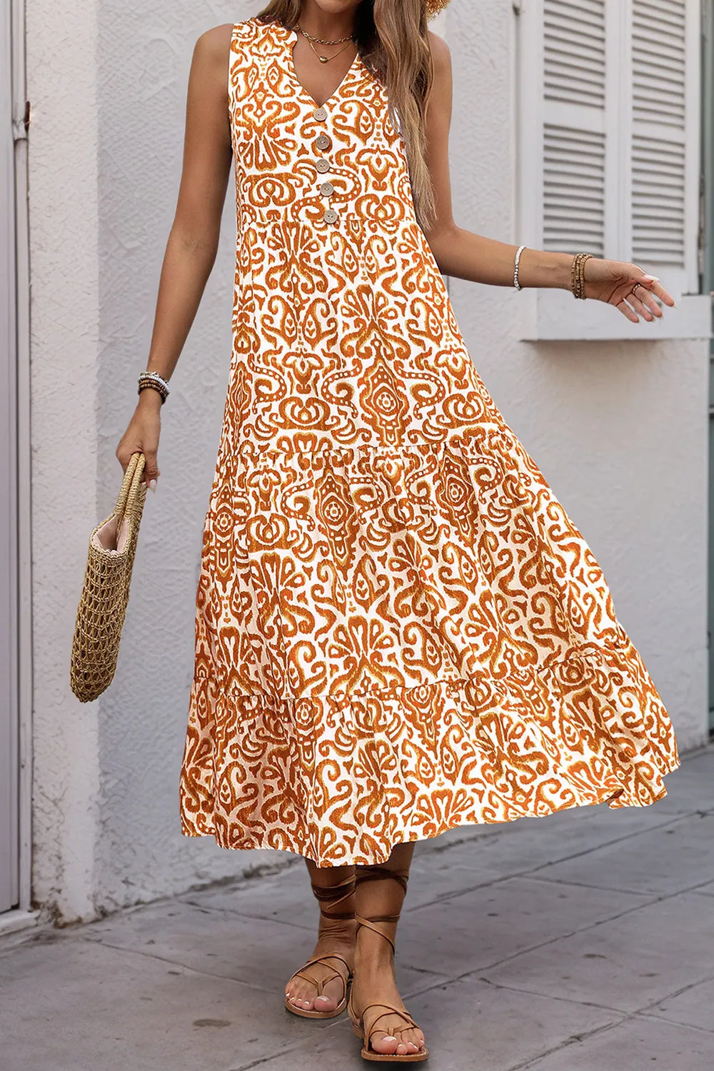 Printed Orange V Neck A Line Summer Dress sold by Zapaka product image thumbnail 5