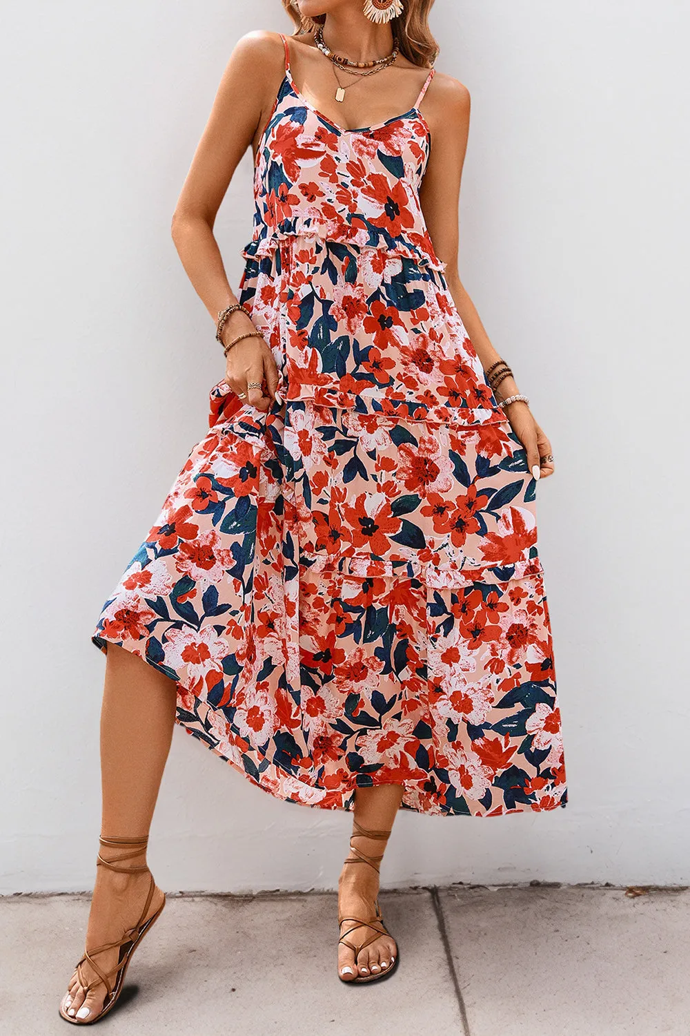 Red Floral Spaghetti Straps A Line Summer Dress sold by Zapaka product image thumbnail 4