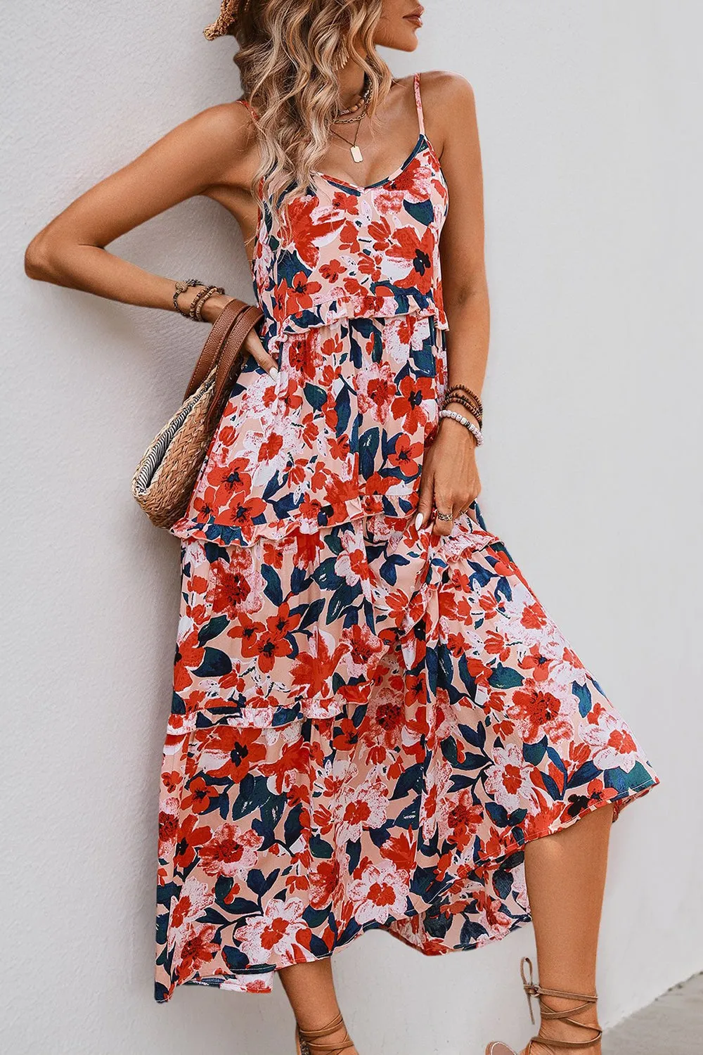 Red Floral Spaghetti Straps A Line Summer Dress sold by Zapaka