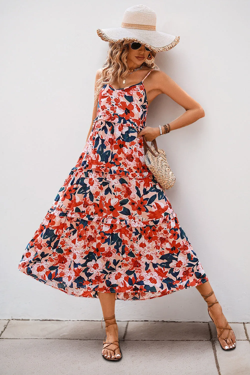 Red Floral Spaghetti Straps A Line Summer Dress sold by Zapaka product image thumbnail 3