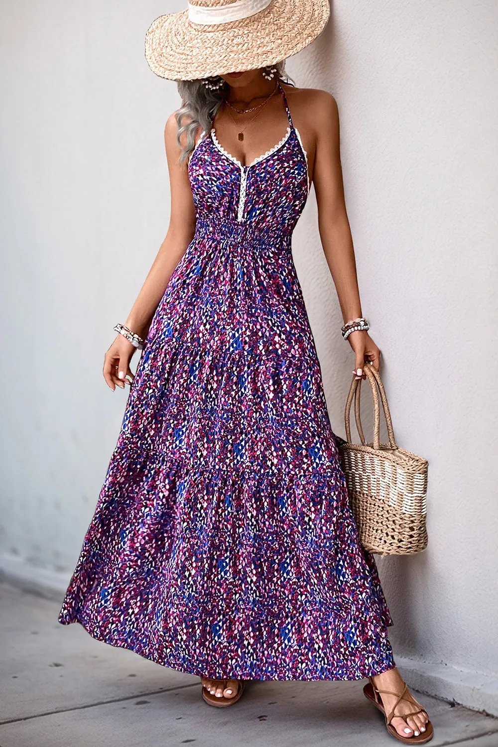 Dark Purple Halter A Line Printed Summer Dress sold by Zapaka product image thumbnail 5