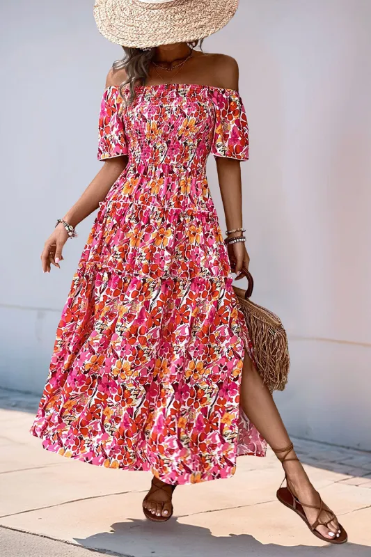 Fuchsia Floral Off the Shoulder A Line Summer Dress sold by Zapaka