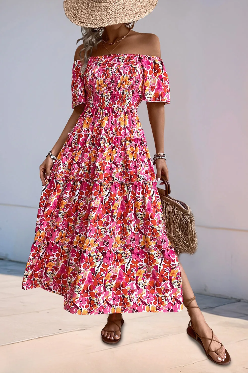 Fuchsia Floral Off the Shoulder A Line Summer Dress sold by Zapaka product image thumbnail 5