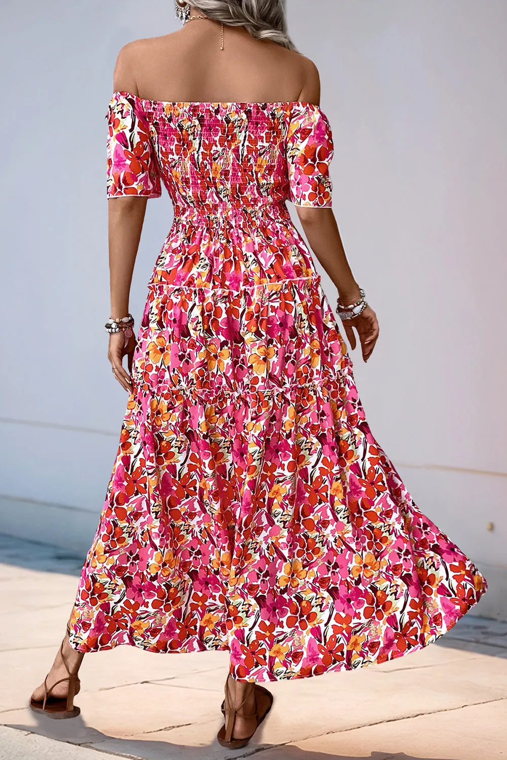 Fuchsia Floral Off the Shoulder A Line Summer Dress sold by Zapaka product image thumbnail 2