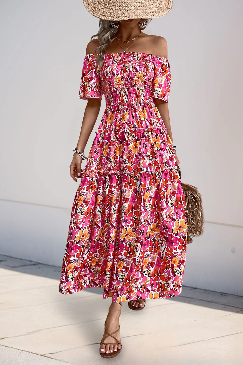 Fuchsia Floral Off the Shoulder A Line Summer Dress sold by Zapaka product image thumbnail 3