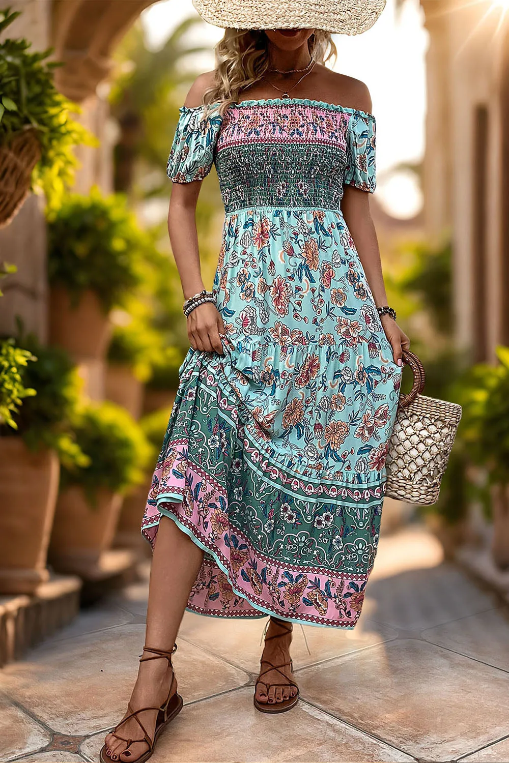 Off the Shoulder A Line Green Printed Summer Dress sold by Zapaka product image thumbnail 4