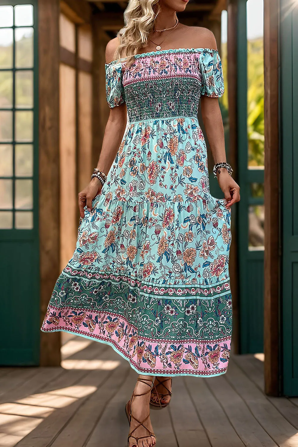 Off the Shoulder A Line Green Printed Summer Dress sold by Zapaka