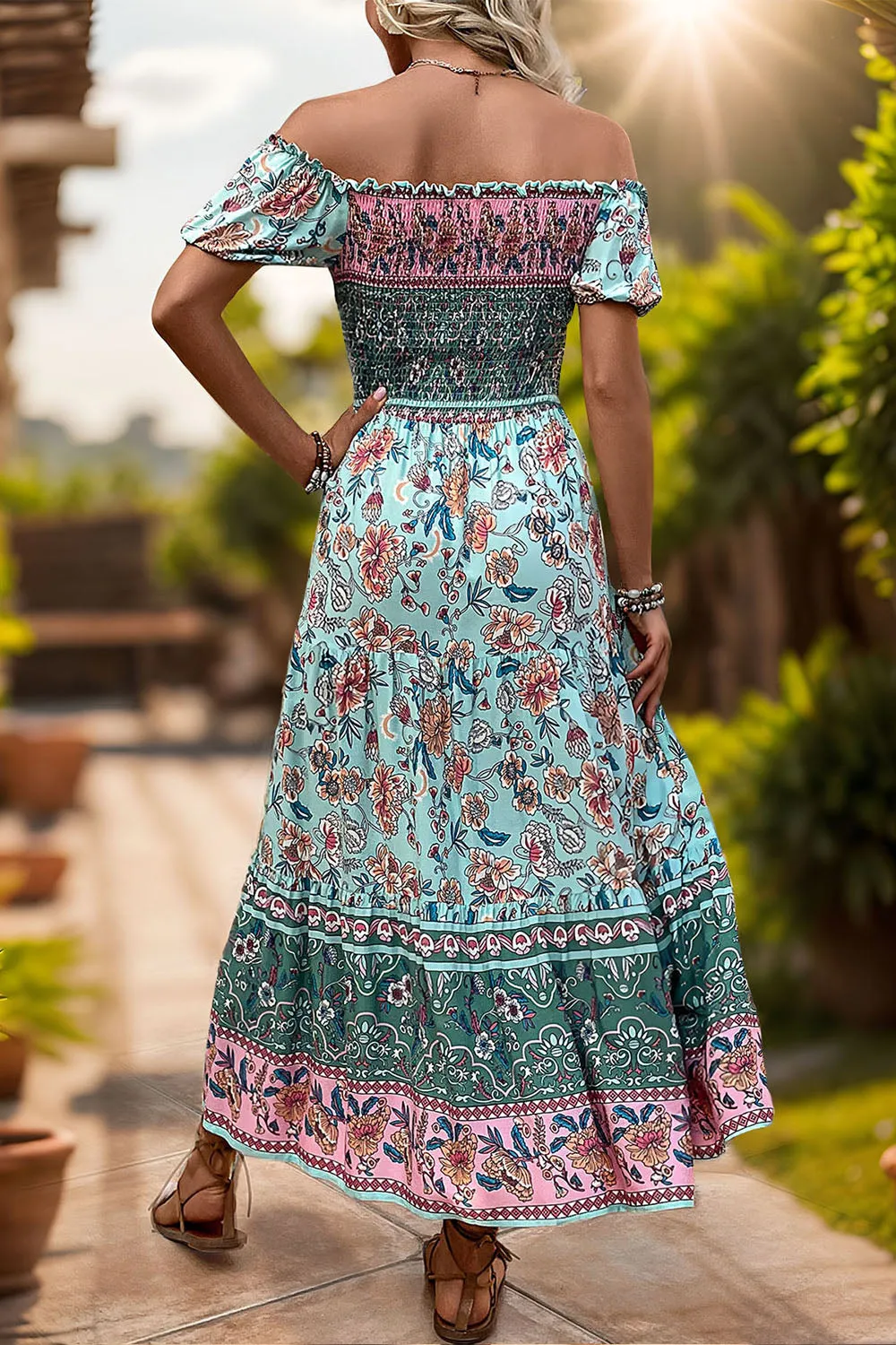 Off the Shoulder A Line Green Printed Summer Dress sold by Zapaka product image thumbnail 2